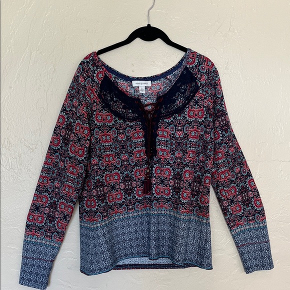 Vintage America boho Y2K pullover top Louise blue red crochet lace tassels XL - Picture 1 of 16